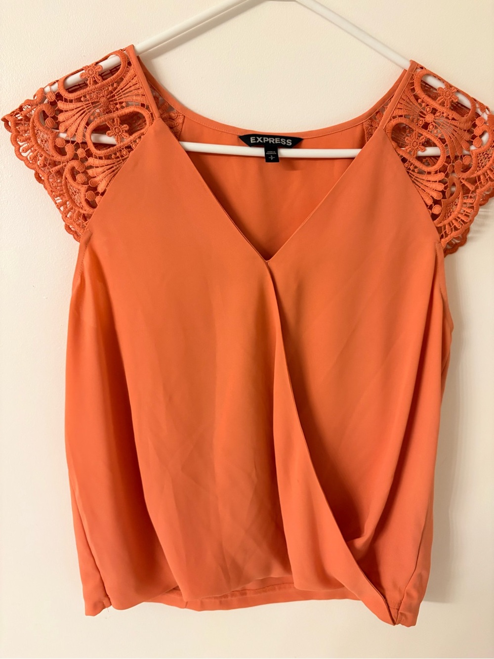 Express Women's coral peach Crochet Sleeve V-Neck Blouse